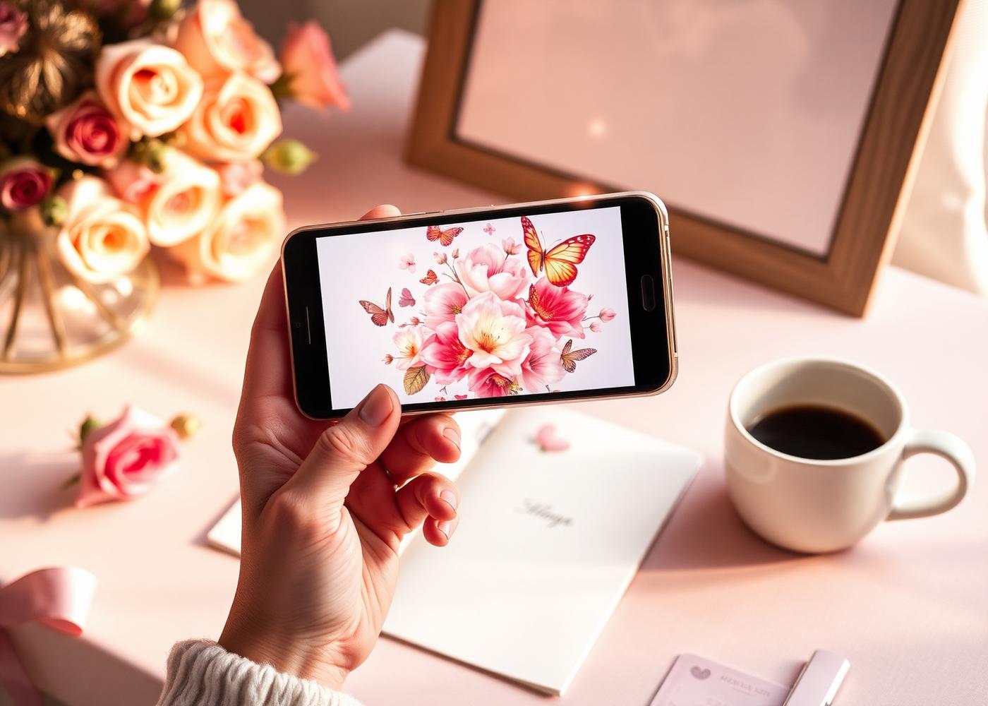 Phone held over an open card showing AR flowers and butterflies
