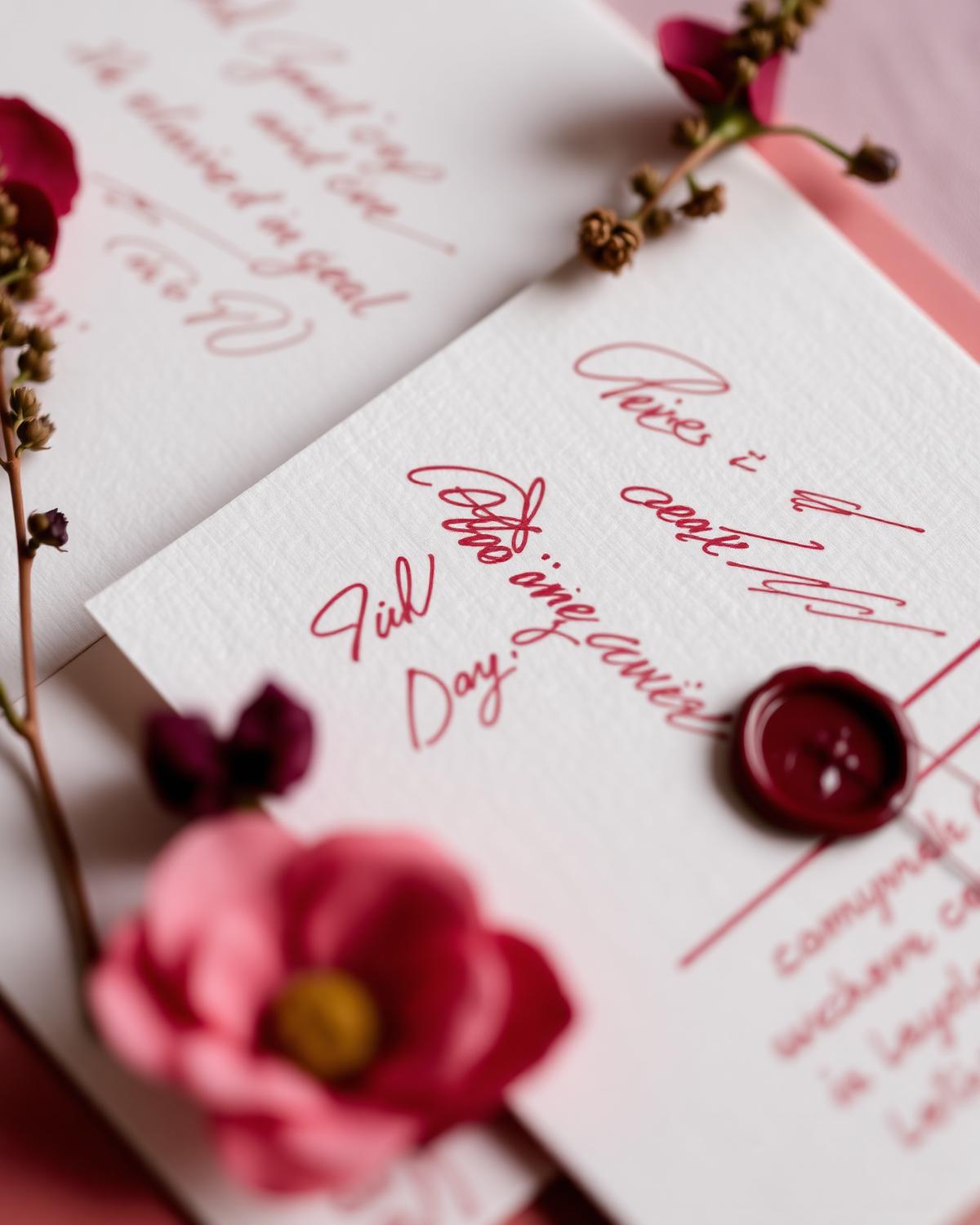 Handwritten wedding invitation with wax seal and dried flowers